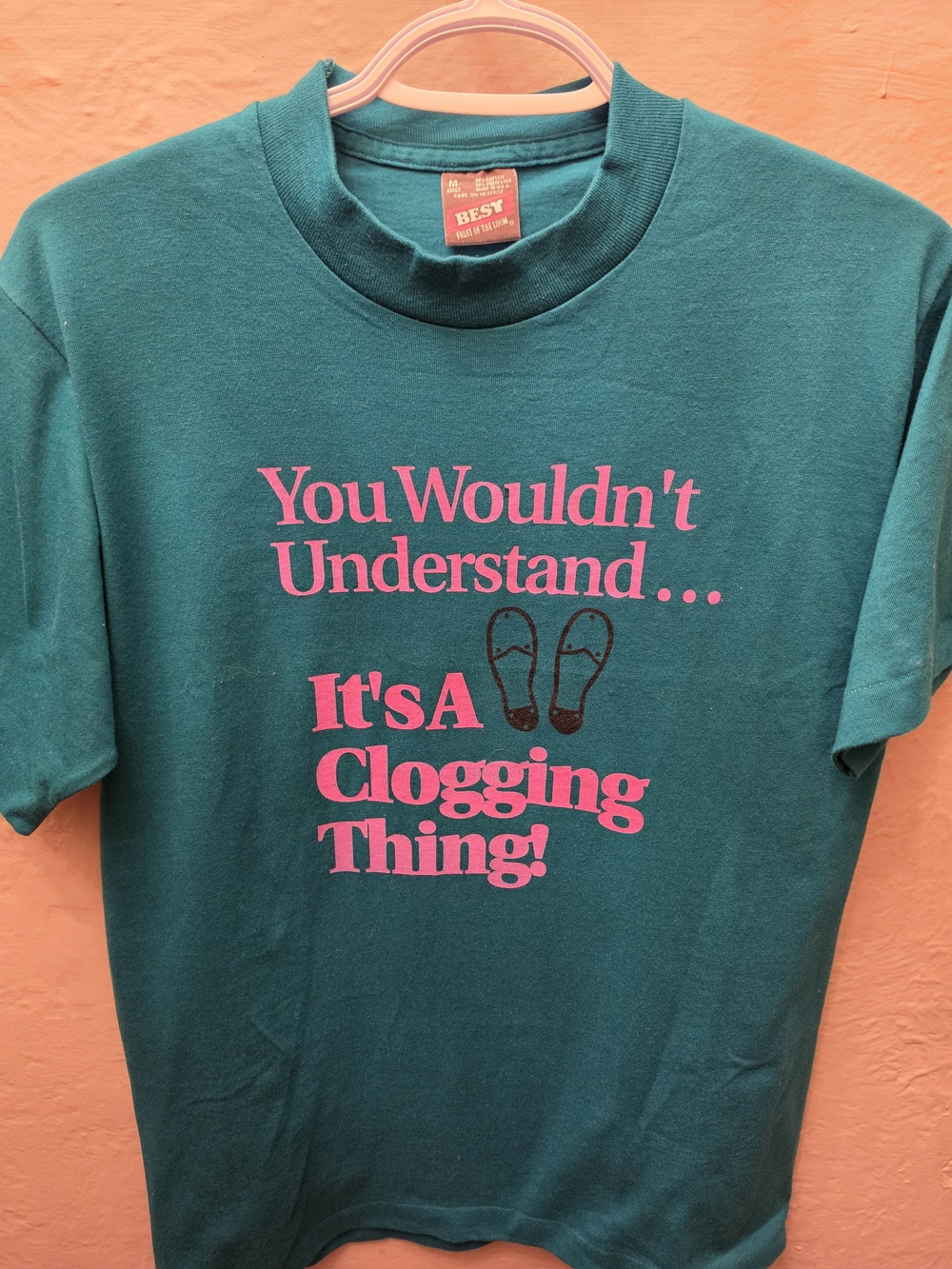 Vintage 80s/90s Single Stitch Clogging Thing Tee M Teal Pink Dance Shirt - Picture 9 of 11